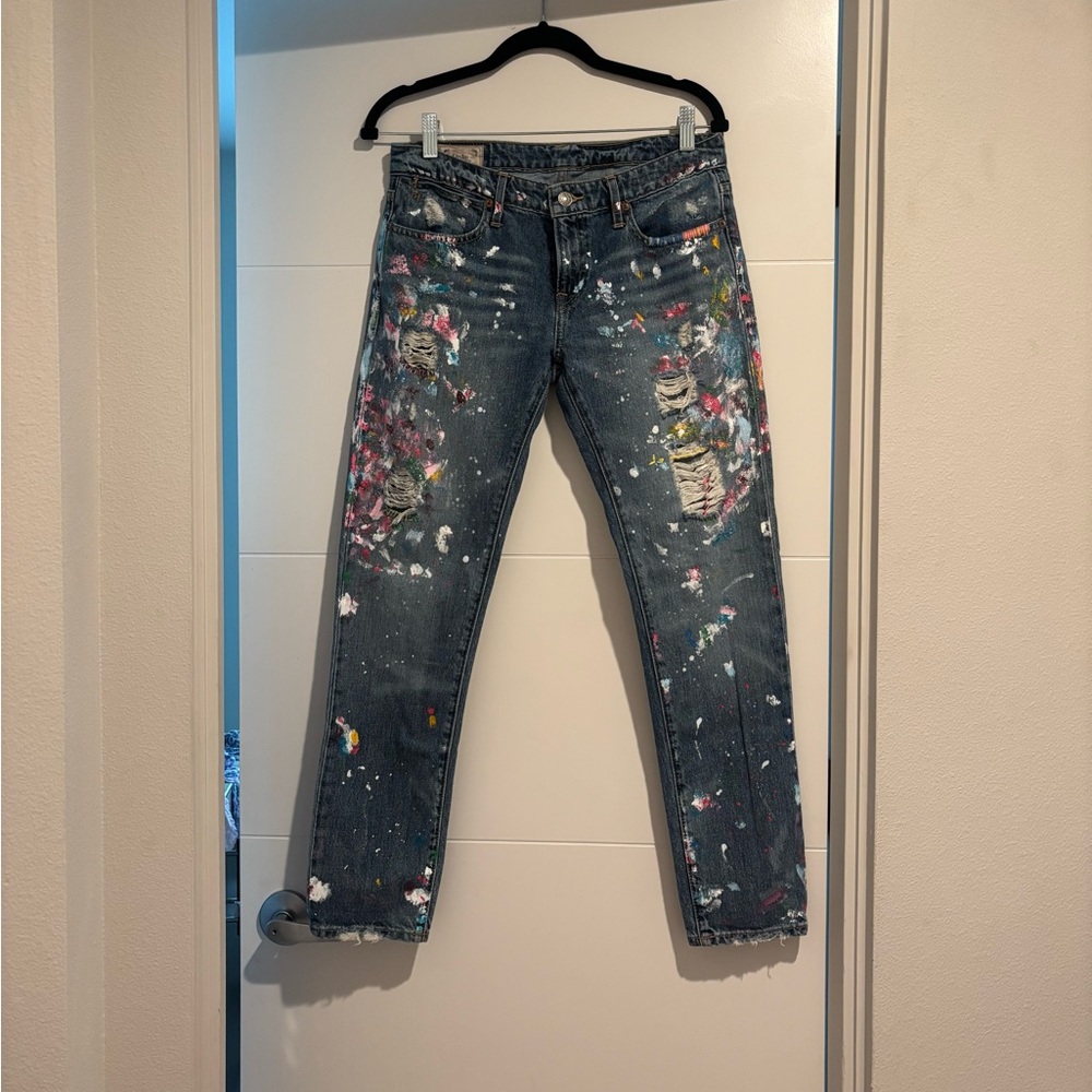 Polo by Ralph Lauren Dark Blue Distressed Paint-Splatter Boyfriend Jeans